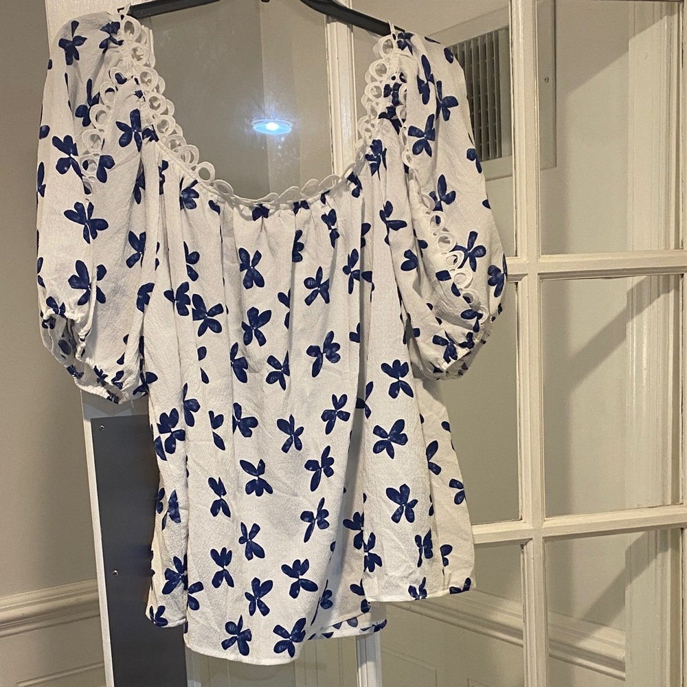 Alice Blue White Top with Navy Blue Floral Print